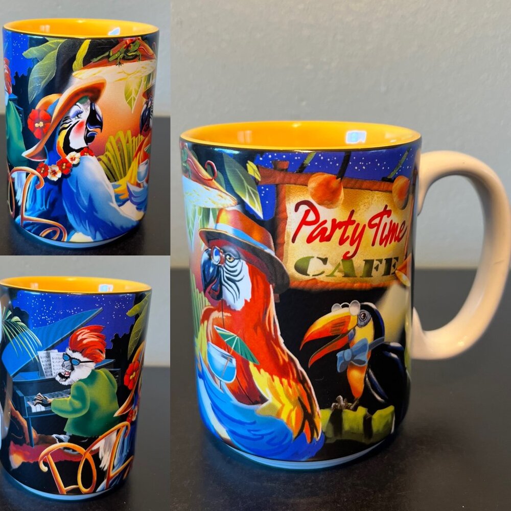 Vtg SeaWorld Adventure Parks Party Time Cafe Souvenir Mug Macaw Toucan Parrot
